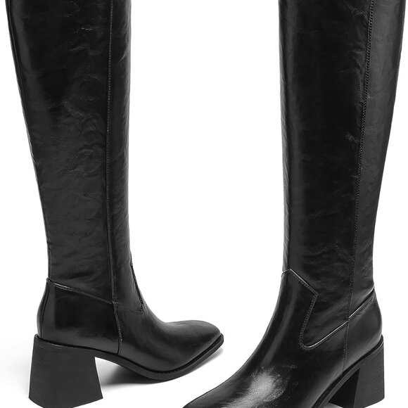 Women's Black Faux Leather Tall Block Heel Knee High Boots with Side Zipper and - Picture 6 of 7